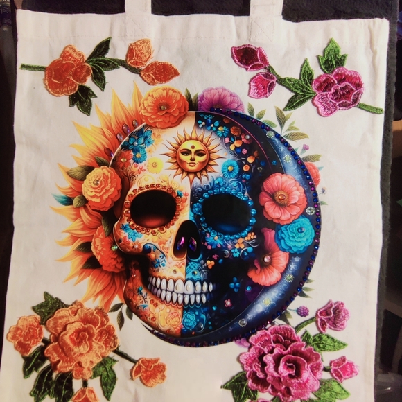 Colorful Skull and Floral Tote Bag - Picture 4 of 15